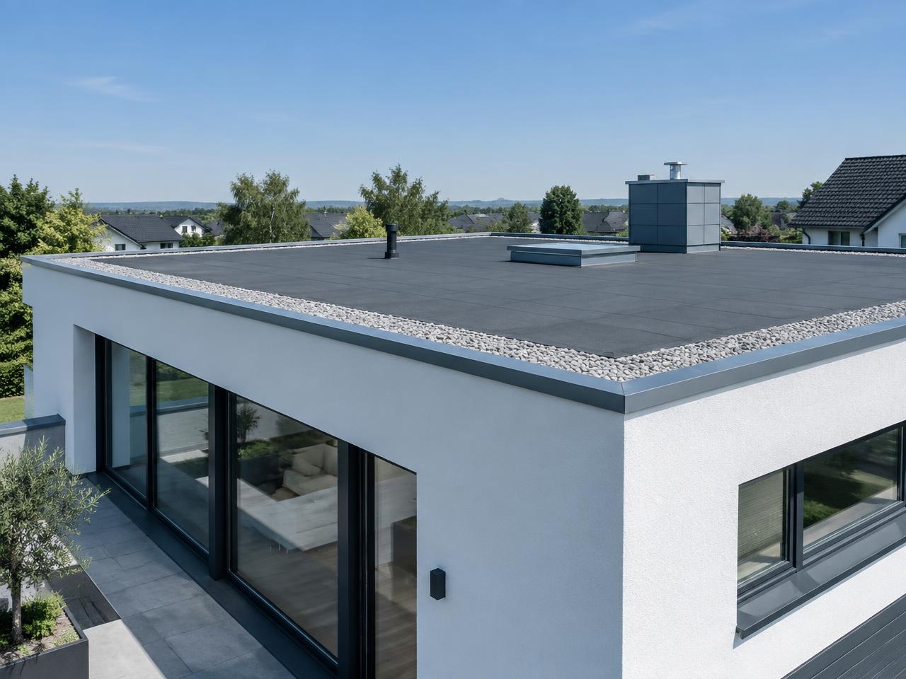 Modernes Flachdach am Wohnanbau, Grünwald